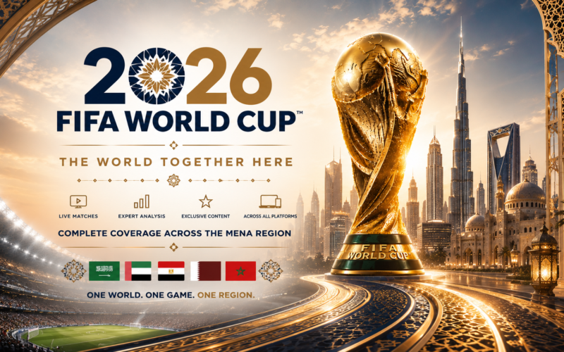 16:9 FIFA World Cup 2026 promotional graphic with a MENA-inspired broadcast design featuring the FIFA World Cup trophy, ornate Islamic geometric patterns, a futuristic Middle Eastern skyline with skyscrapers and domes, dramatic golden lighting, stadium atmosphere, and elegant English typography highlighting regional football coverage.