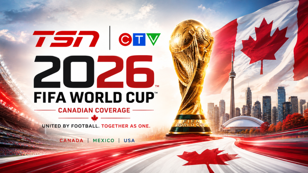 16:9 FIFA World Cup 2026 Canadian coverage graphic featuring TSN and CTV logos, the FIFA World Cup trophy, a large Canadian flag, Toronto skyline with the CN Tower, dramatic stadium lighting, and red-and-white sports broadcast graphics with motion streak effects.