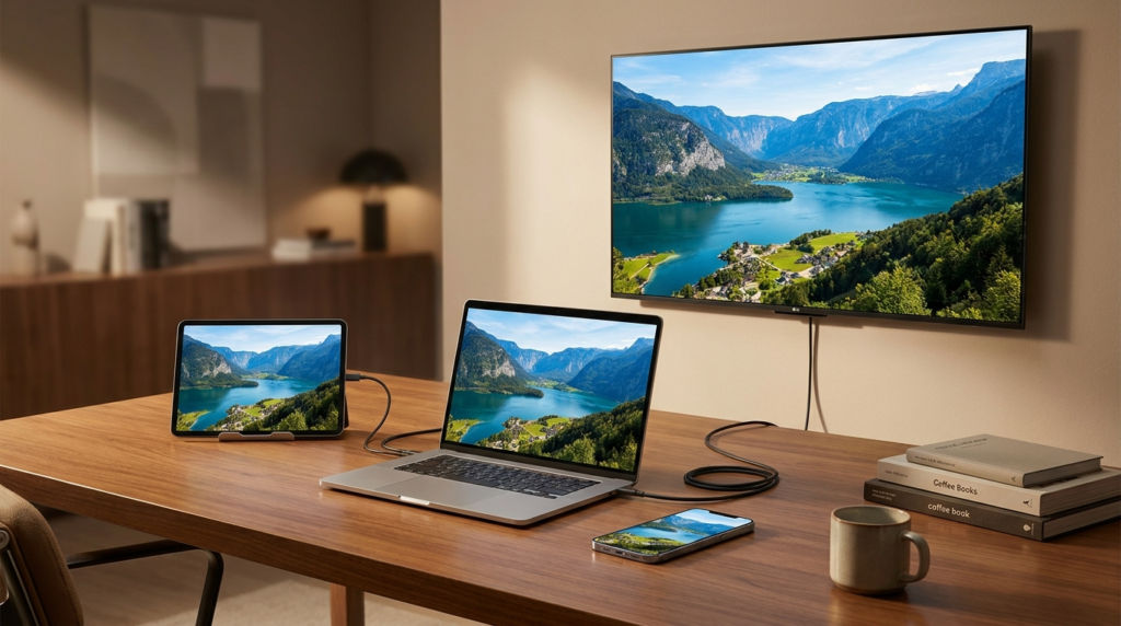 Smart TV, laptop, tablet and smartphone all displaying the same streaming content, showing IPTV's multi-device flexibility.
