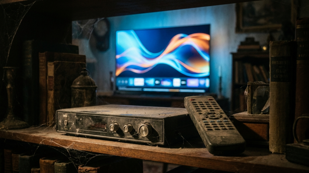 Dusty old cable box abandoned on a shelf with a modern smart TV streaming in the background, symbolising cord cutting.