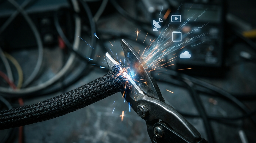 Pliers cutting a coaxial cable TV cord, symbolising cord cutting and the move away from traditional cable television to streaming.