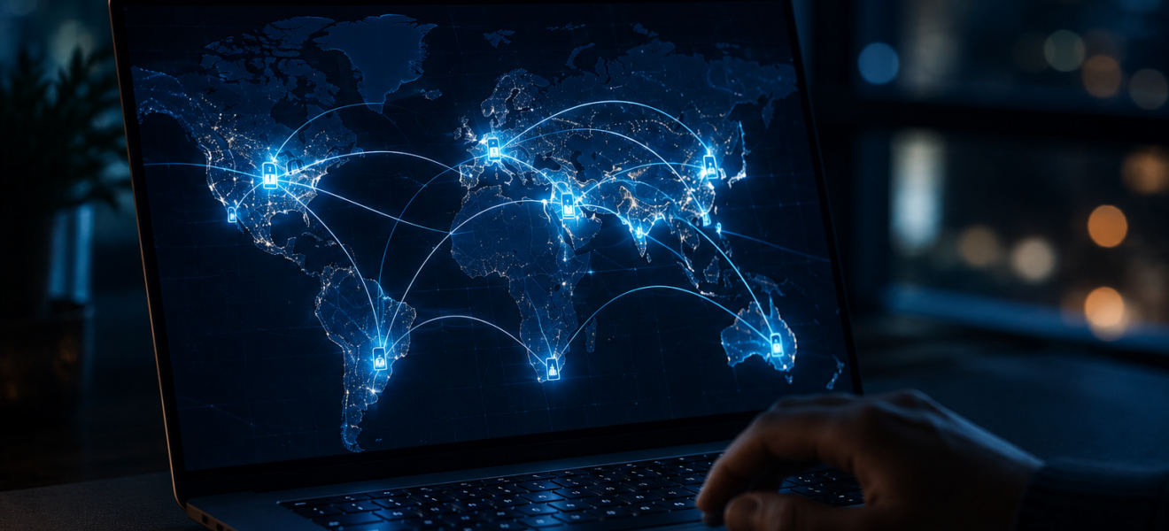 VPN connection routing internet traffic through encrypted servers across a world map, illustrated on a laptop screen