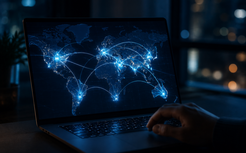 VPN connection routing internet traffic through encrypted servers across a world map, illustrated on a laptop screen