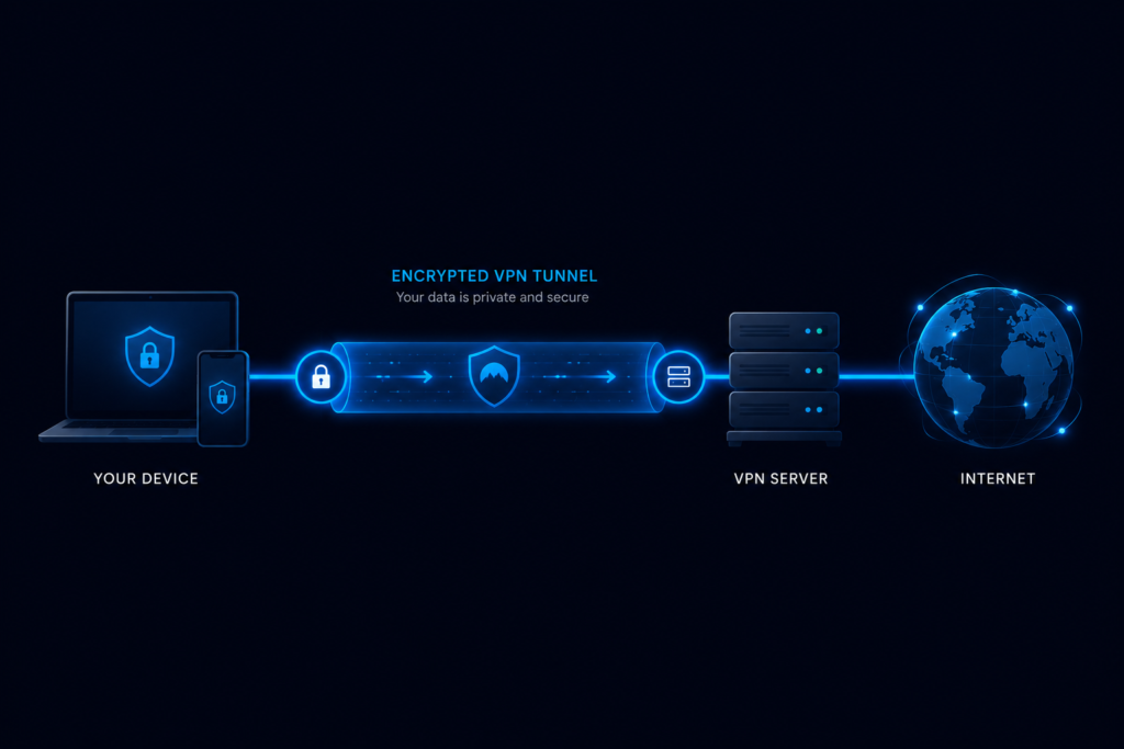 Diagram showing internet traffic travelling through an encrypted VPN tunnel from a device to a server