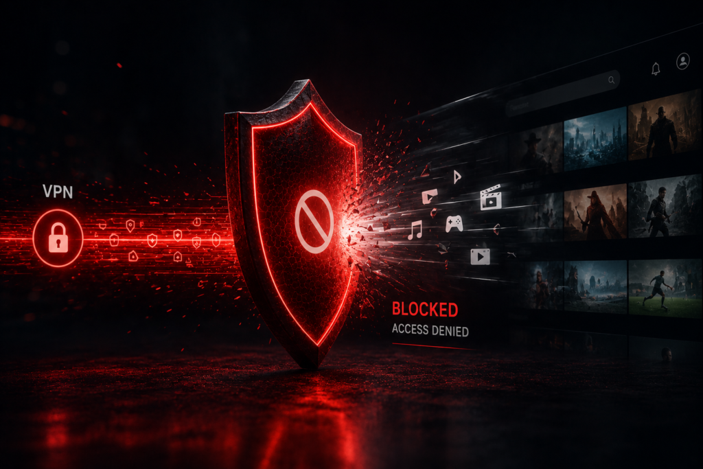 Illustration showing a streaming platform blocking a VPN connection with a detection shield