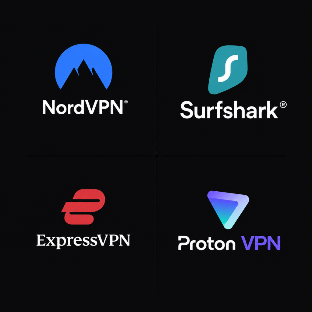 Logos of NordVPN, Surfshark, ExpressVPN and Proton VPN — the top four VPNs for streaming in 2026