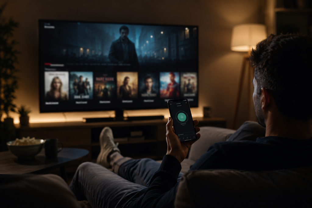 Person watching a streaming service on a smart TV at home with a VPN app active on their smartphone